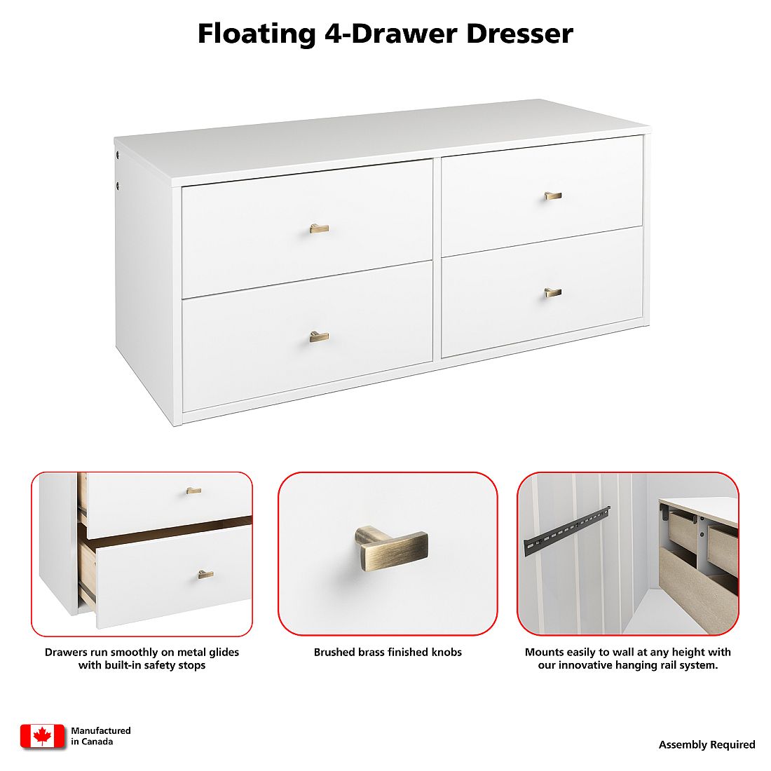 Prepac Milo 4Drawer White Floating Dresser 17.25 in. H x 42.25 in. W x
